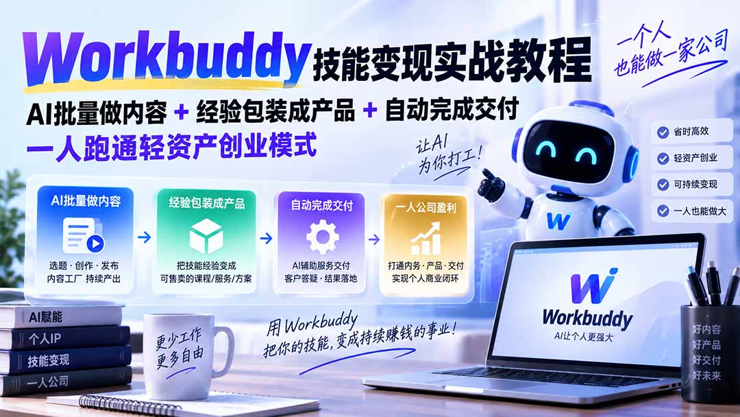 Workbuddy技能变现实战教程：AI批量做内容+经验包装成产品+自动完成交付，一人跑通轻资产创业模式-超级会员网