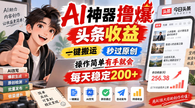 AI神器撸爆头条收益，一键搬运，秒过原创，操作简单有手就会，每天稳定200+【揭秘】-超级会员网