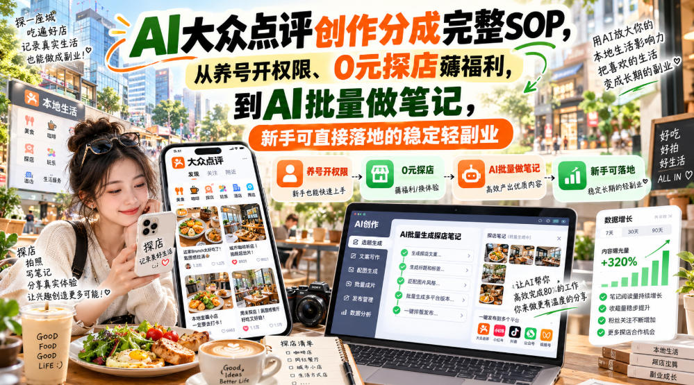 【无水印】AI大众点评创作分成完整SOP，从养号开权限、0元探店薅福利，到AI批量做笔记，新手可直接落地的稳定轻副业-超级会员网