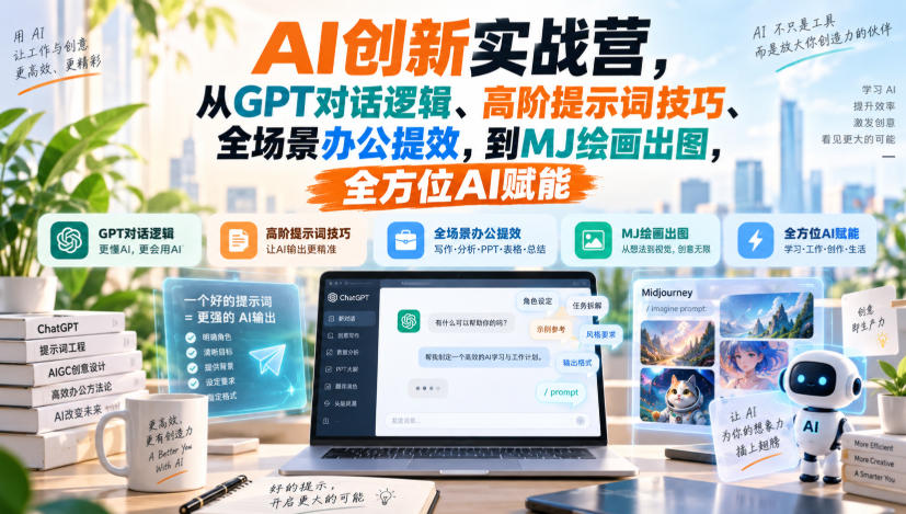 AI创新实战营，从GPT对话逻辑、高阶提示词技巧、全场景办公提效，到MJ绘画出图，全方位AI赋能-超级会员网