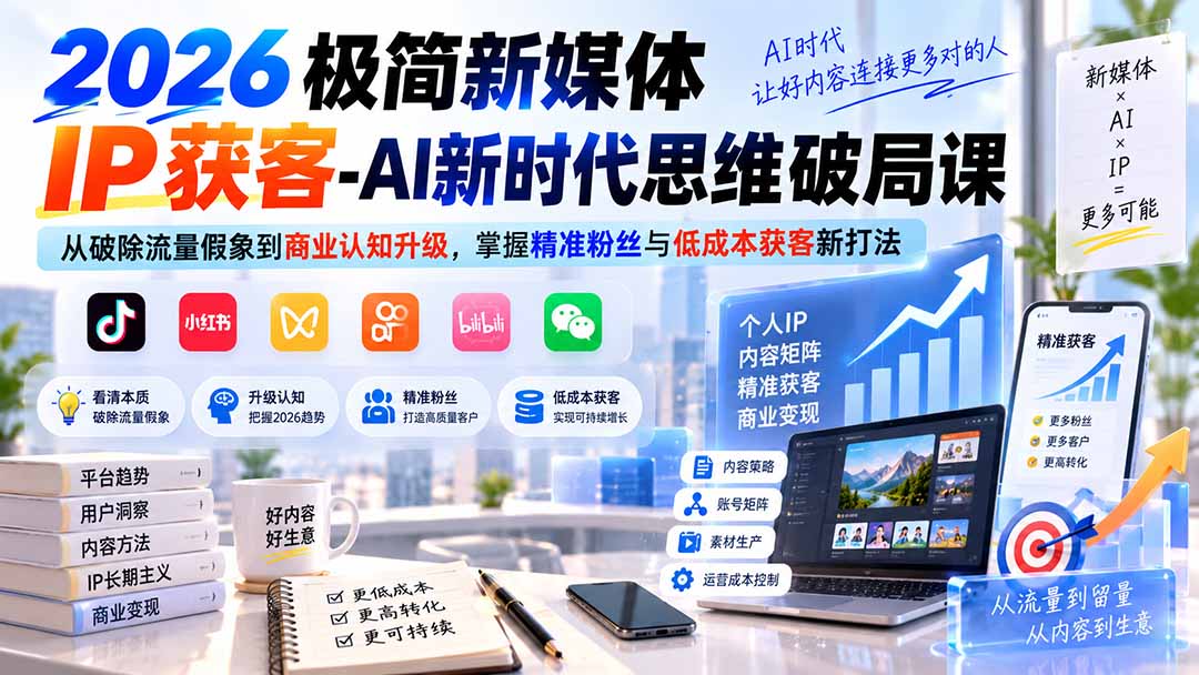 2026极简新媒体IP获客-AI新时代思维破局课：从破除流量假象到商业认知升级，掌握精准粉丝与低成本获客新打法-超级会员网