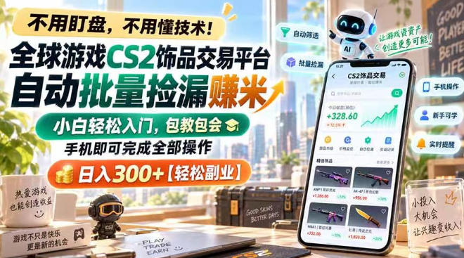 全球游戏CS2饰品交易平台自动批量捡漏賺米，小白轻松入门，包教包会，手机即可完成全部操作，日入300+【揭秘】-超级会员网
