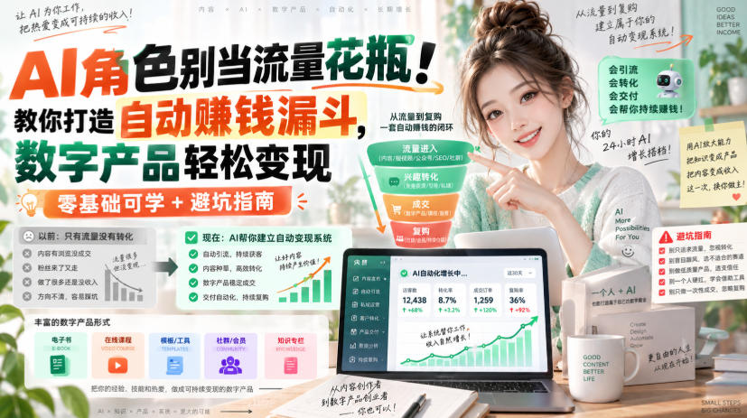 AI角色别当流量花瓶！教你打造自动賺钱漏斗，数字产品轻松变现(零基础可学+避坑指南)【原创双语字幕】-超级会员网