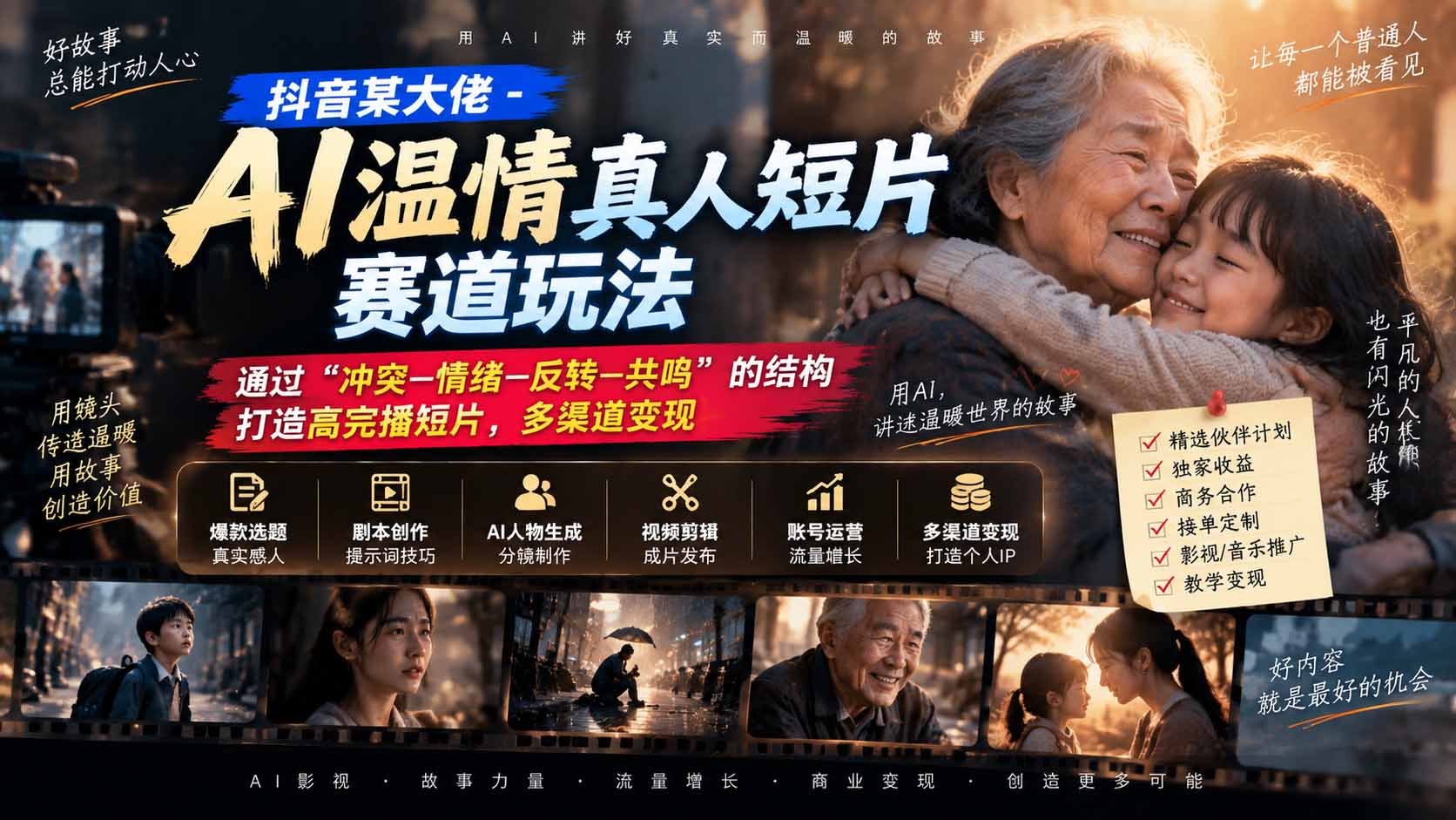 抖音某大佬-AI温情真人短片赛道玩法：通过“冲突—情绪—反转—共鸣”的结构打造高完播短片，多渠道变现-超级会员网