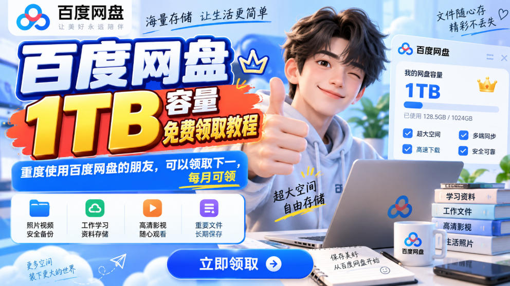 百度网盘1TB容量免费领取教程，重度使用百度网盘的朋友，可以领取下一，每月可领-超级会员网