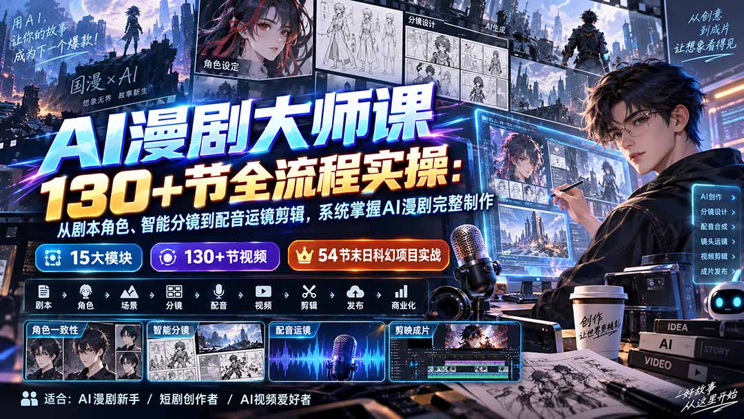 AI漫剧大师课130+节全流程实操：从剧本角色、智能分镜到配音运镜剪辑，系统掌握AI漫剧完整制作-超级会员网
