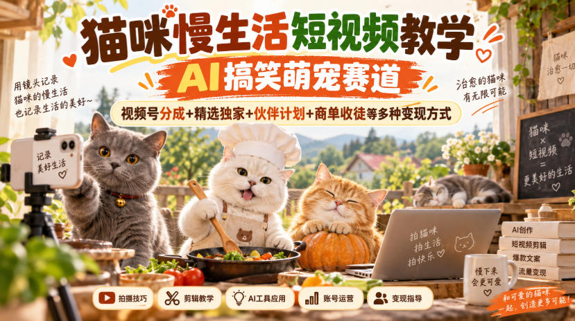 猫咪慢生活短视频教学，AI搞笑萌宠赛道，视频号分成+精选独家+伙伴计划+商单收徒等多种变现方式-超级会员网