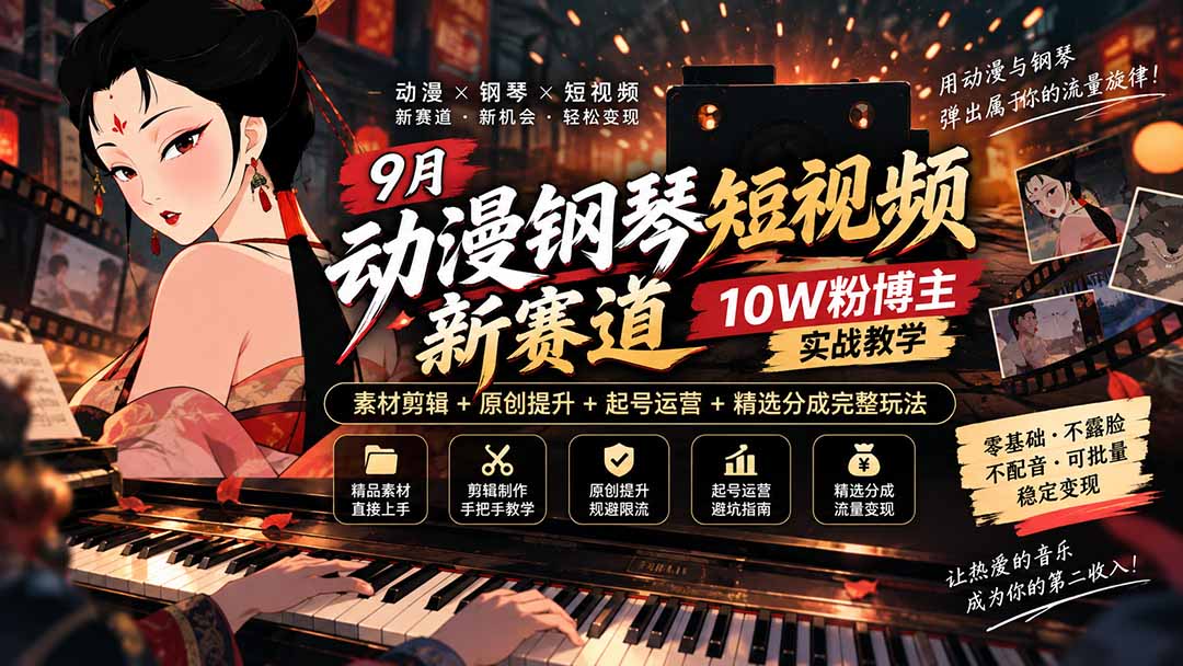 9月动漫钢琴短视频新赛道｜10W粉博主实战教学，素材剪辑+原创提升+起号运营+精选分成完整玩法-超级会员网