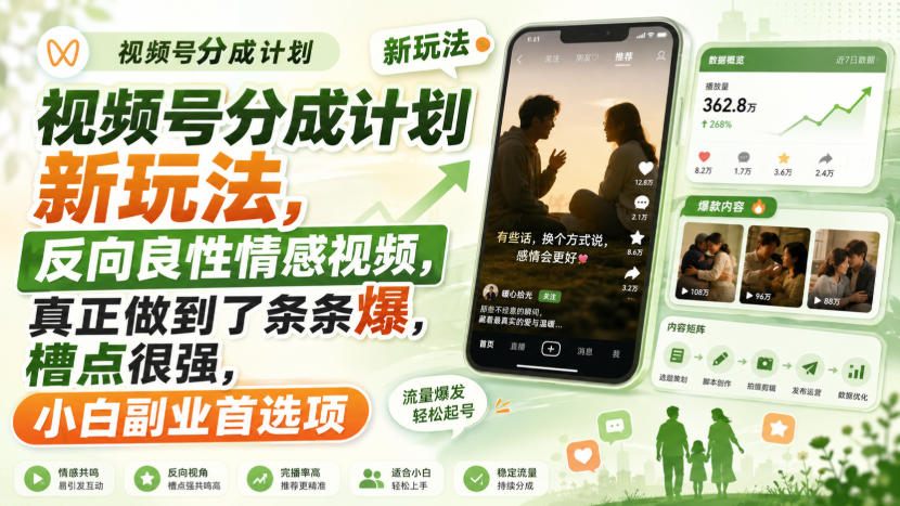 视频号分成计划新玩法，反向良性情感视频，真正做到了条条爆，槽点很强，小白副业首选项-超级会员网