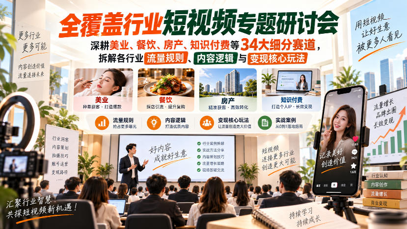 短视频专题研讨会，深耕美业、餐饮、房产、知识付费等34大细分赛道，拆解各行业流量规则、内容逻辑与变现核心玩法-超级会员网