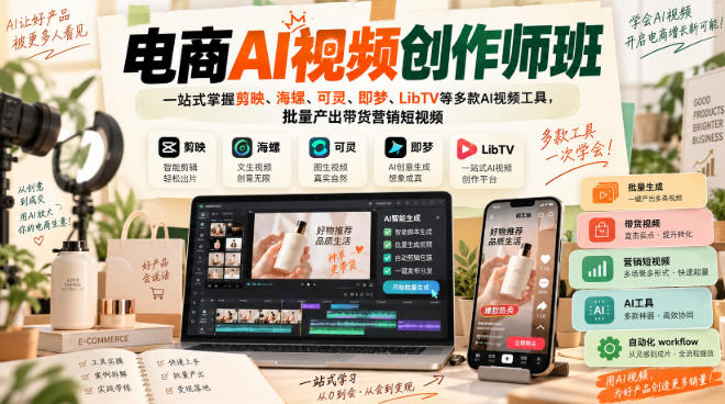 电商AI视频创作师班，一站式掌握剪映、海螺、可灵、即梦、LibTV等多款AI视频工具，批量产出带货营销短视频-超级会员网