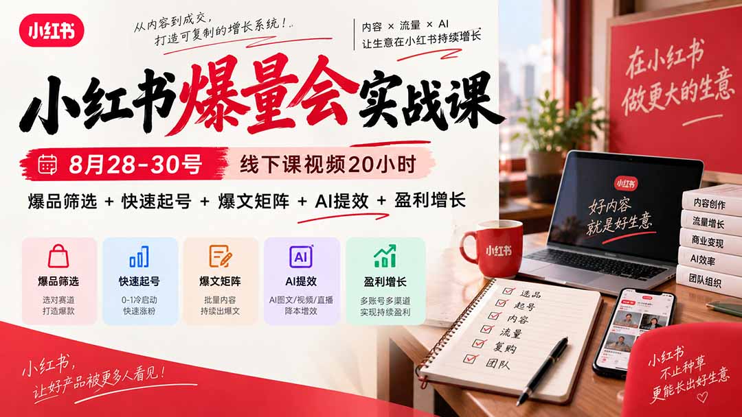 小红书爆量会实战课-更新9月23：线下课视频20小时，爆品筛选+快速起号+爆文矩阵+AI提效+盈利增长-超级会员网