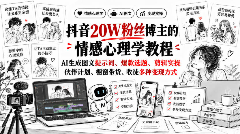 抖音20W粉丝博主静候心声的情感心理学教程，AI生成图文提示词、爆款选题、剪辑实操，伙伴计划、橱窗带货、收徒多种变现方式-超级会员网