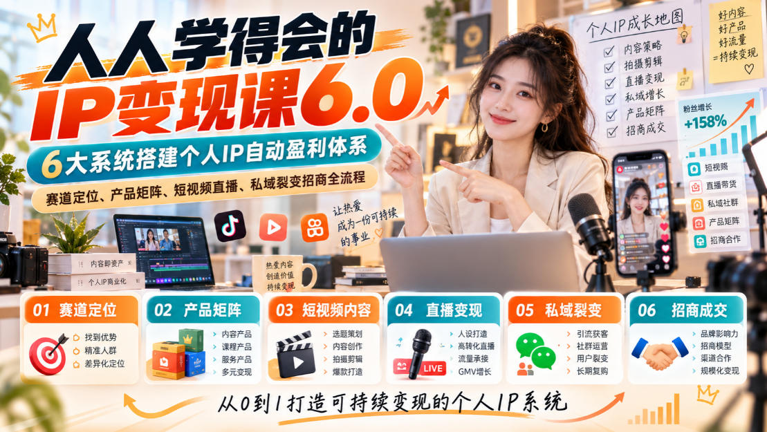 人人学得会的IP变现课6.0，6大系统搭建个人IP自动盈利体系，赛道定位、产品矩阵、短视频直播、私域裂变招商全流程-超级会员网