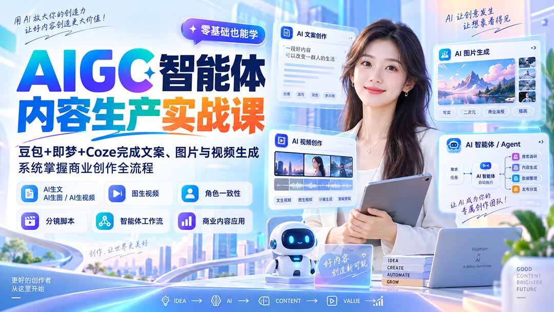 AIGC智能体内容生产实战课：豆包+即梦+Coze完成文案、图片与视频生成，系统掌握商业创作全流程-超级会员网