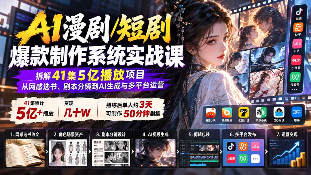 AI漫剧/短剧爆款制作系统实战课：拆解41集5亿播放项目，从网感选书、剧本分镜到AI生成与多平台运营-超级会员网