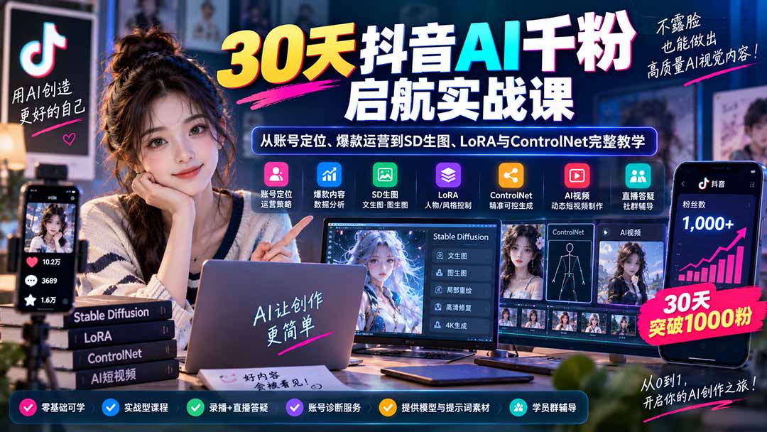 30天抖音AI千粉启航实战课：从账号定位、爆款运营到SD生图、LoRA与ControlNet完整教学-超级会员网