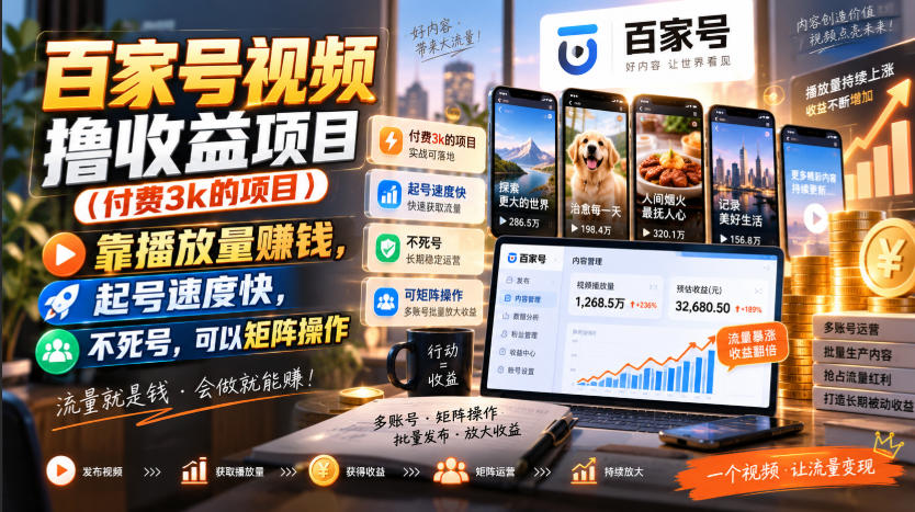 百家号视频撸收益项目(付费3k的项目)，靠播放量賺钱，起号速度快，不死号，可以矩阵操作-超级会员网