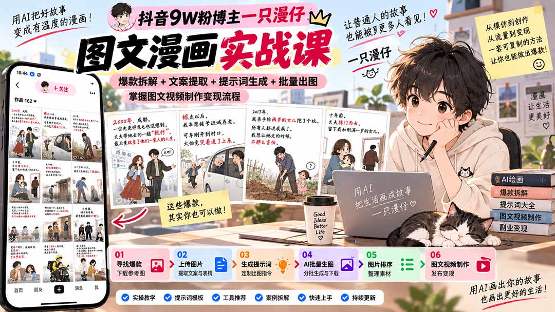 抖音9W粉博主一只漫仔图文漫画课：爆款拆解+文案提取+提示词生成+批量出图，掌握图文视频制作变现流程-超级会员网