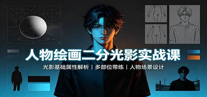人物绘画二分光影实战课：光影基础属性解析，多部位带练，人物场景设计-超级会员网