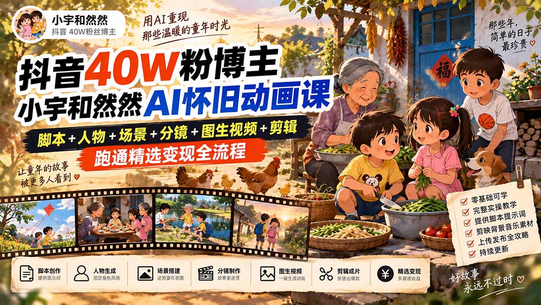 抖音40W粉博主小宇和然然AI怀旧动画课｜脚本+人物+场景+分镜+图生视频+剪辑，跑通精选变现全流程-超级会员网