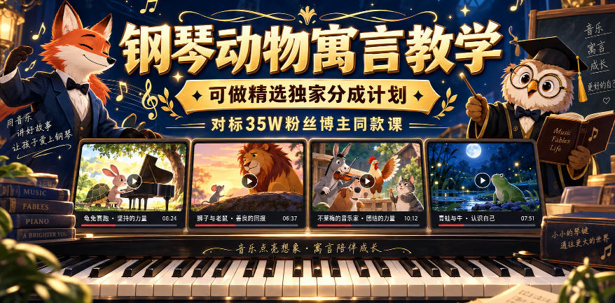 钢琴动物寓言教学，可做精选独家分成计划，对标35W粉丝博主同款课-超级会员网