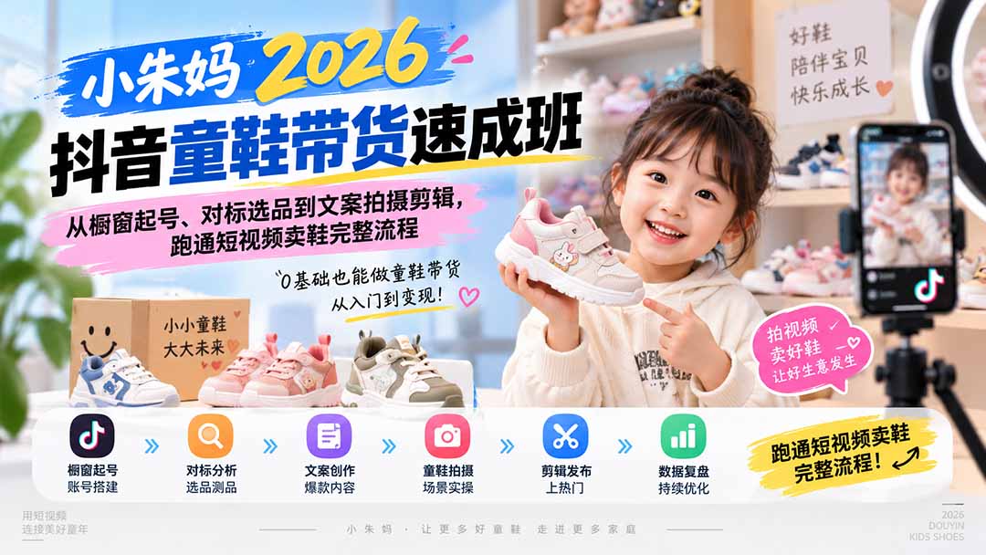 小朱妈2026抖音童鞋带货速成班：从橱窗起号、对标选品到文案拍摄剪辑，跑通短视频卖鞋完整流程-超级会员网