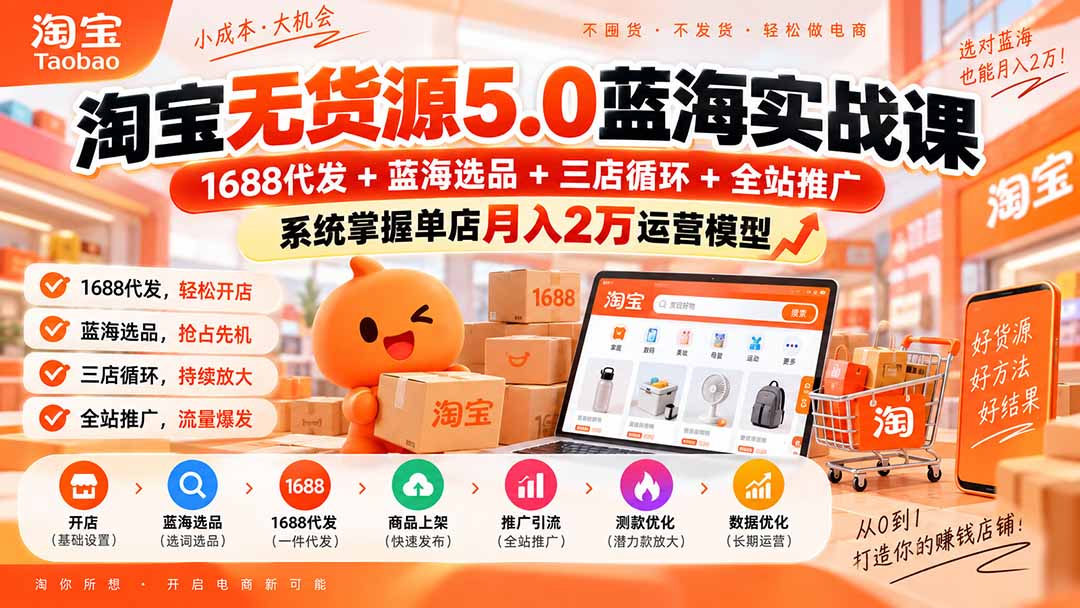 淘宝无货源5.0蓝海实战课-更新0927：1688代发+蓝海选品+三店循环+全站推广，系统掌握单店月入2万运营模型-超级会员网