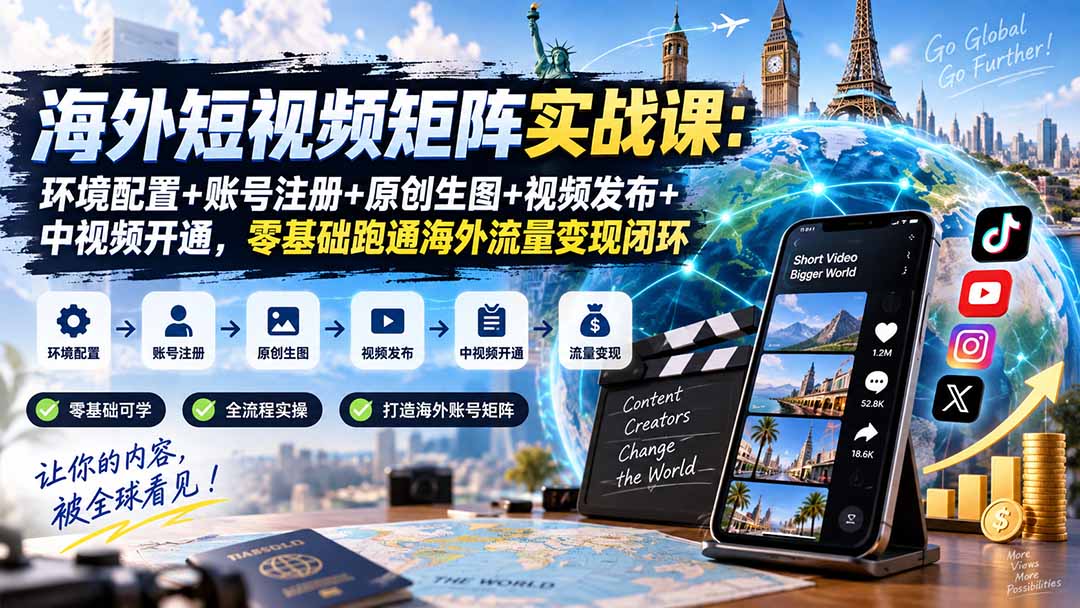 海外短视频矩阵实战课：环境配置+账号注册+原创生图+视频发布+中视频开通，零基础跑通海外流量变现闭环-超级会员网