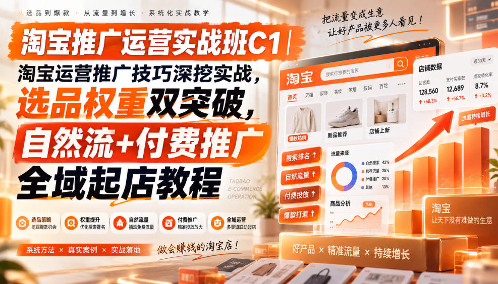淘宝推广运营实战班C1｜淘宝运营推广技巧深挖实战，选品权重双突破，自然流+付费推广全域起店教程-超级会员网