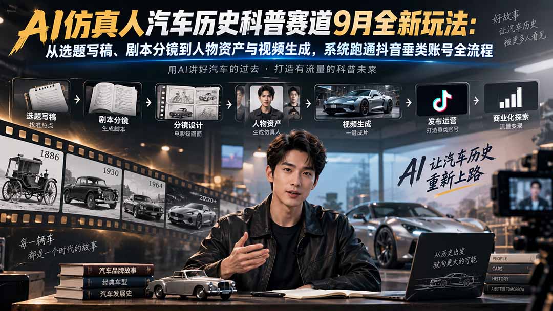 AI仿真人汽车历史科普赛道9月全新玩法：从选题写稿、剧本分镜到人物资产与视频生成，系统跑通抖音垂类账号全流程-超级会员网