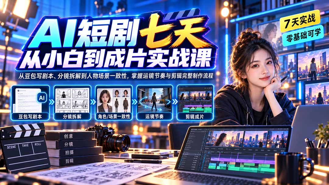 AI短剧七天从小白到成片实战课：从豆包写剧本、分镜拆解到人物场景一致性，掌握运镜节奏与剪辑完整制作流程-超级会员网
