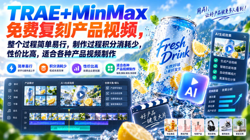 TRAE+MinMax免费复刻产品视频，整个过程简单易行，制作过程积分消耗少，性价比高，适合各种产品视频制作-超级会员网