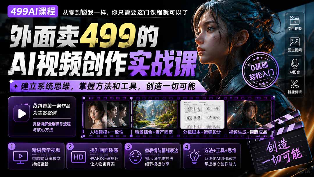 外面卖499的AI视频创作实战课：建立系统思维，掌握方法和工具，创造一切可能。-超级会员网
