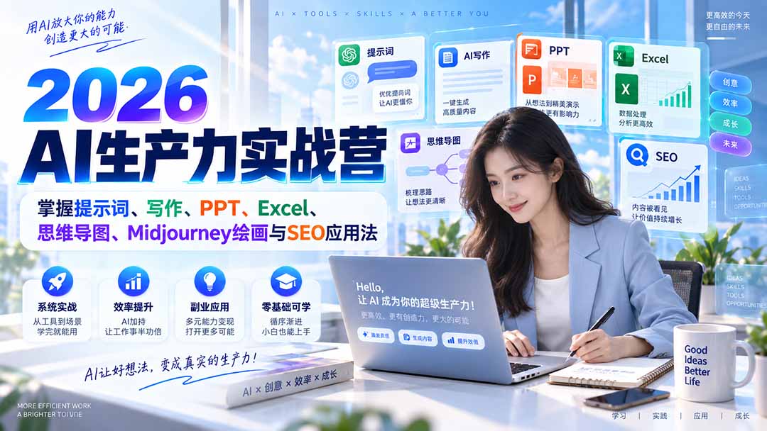 2026AI生产力实战营：掌握提示词、写作、PPT、Excel、思维导图、Midjourney绘画与SEO应用法-超级会员网
