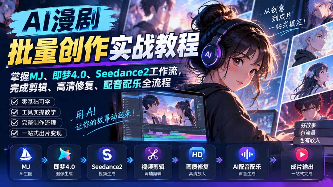 AI漫剧批量创作实战教程：掌握MJ、即梦4.0、Seedance2工作流，完成剪辑、高清修复、配音配乐全流程-超级会员网
