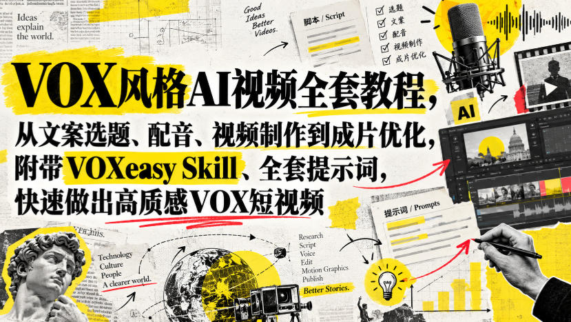 VOX风格AI视频全套教程，从文案选题、配音、视频制作到成片优化，附带VOXeasy Skill、全套提示词，快速做出高质感VOX短视频-超级会员网