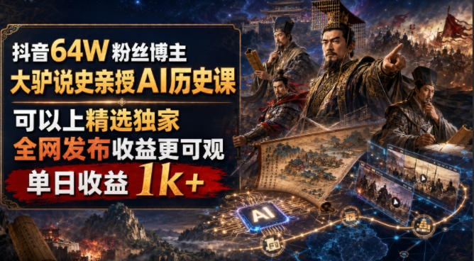 抖音64W粉丝博主大驴说史亲授AI历史课，可以上精选独家，全网发布收益更可观，单日收益1k+(更新)-超级会员网