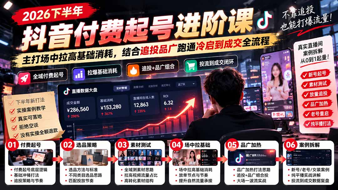 2026下半年抖音付费起号进阶课：主打场中拉高基础消耗，结合追投品广跑通冷启到成交全流程-超级会员网