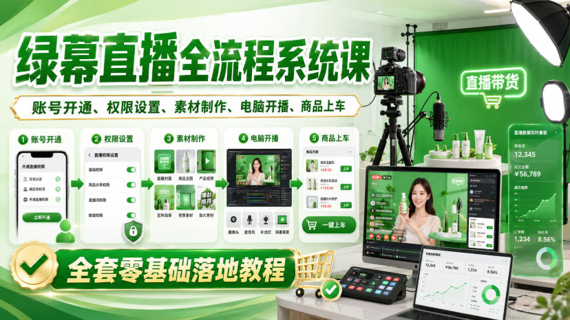 绿幕直播全流程系统课，账号开通、权限设置、素材制作、电脑开播、商品上车全套零基础落地教程-超级会员网