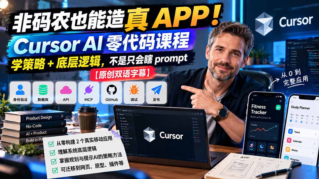 非码农也能造真 APP！Cursor AI 零代码课程：学策略 + 底层逻辑，不是只会瞎 prompt【原创双语字幕】-超级会员网