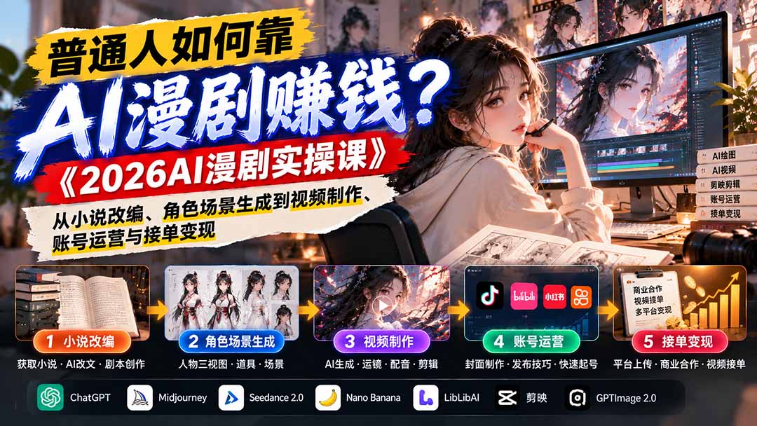 普通人如何靠AI漫剧赚钱？《2026AI漫剧实操课》从小说改编、角色场景生成到视频制作、账号运营与接单变现-超级会员网