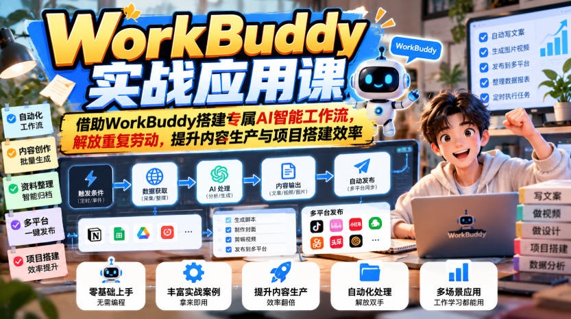 WorkBuddy实战应用课，借助WorkBuddy搭建专属AI智能工作流，解放重复劳动，提升内容生产与项目搭建效率-超级会员网