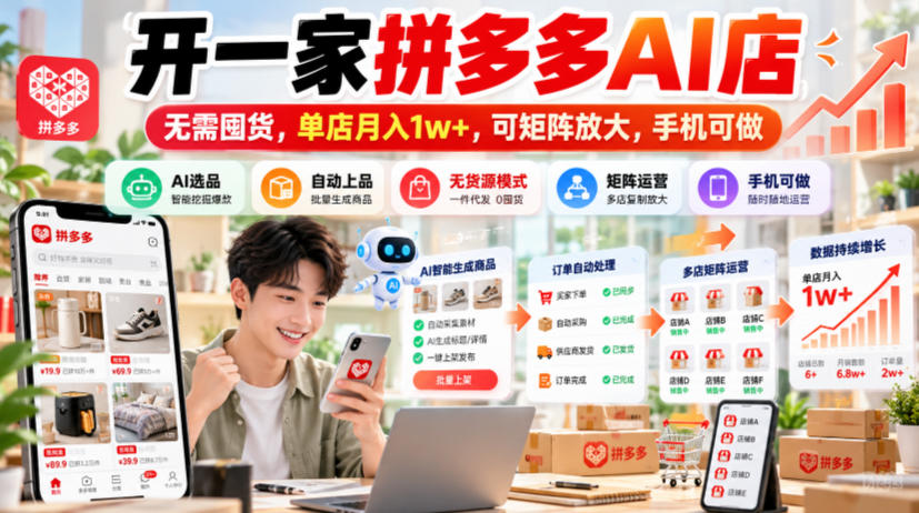 开一家拼多多AI店，无需囤货，单店月入1w+，可矩阵放大，手机可做【揭秘】-超级会员网