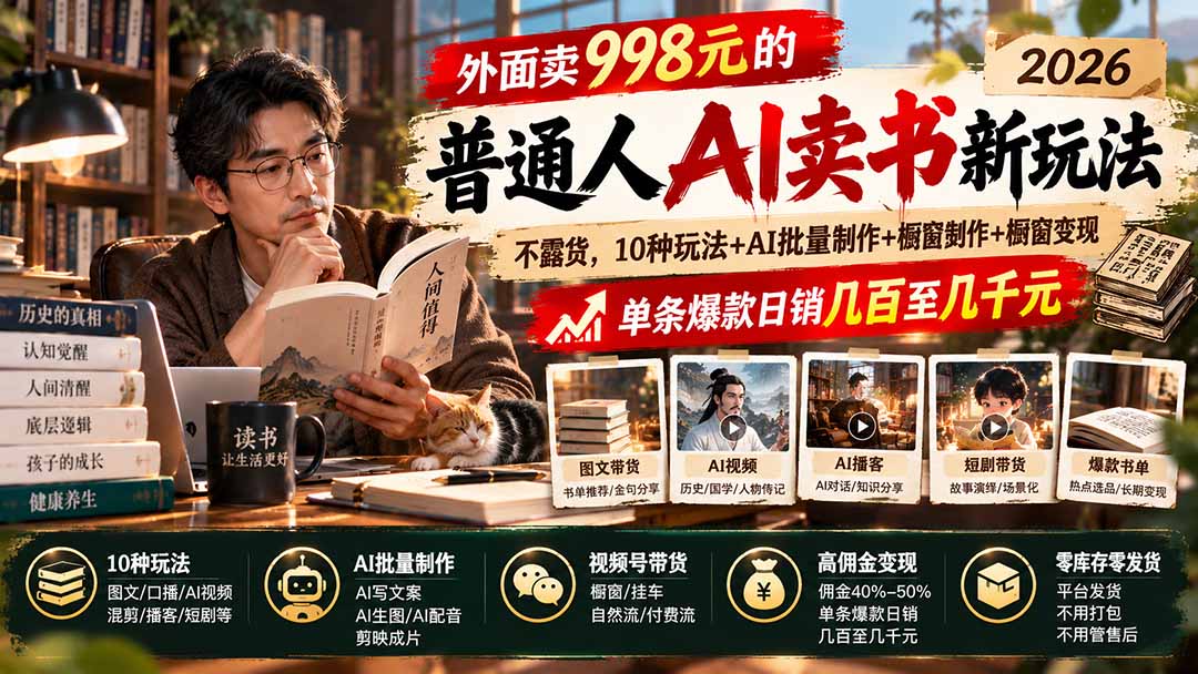 外面卖998元的2026普通人AI卖书新玩法：不露脸、不囤货，10种玩法+AI批量制作+橱窗变现，单条爆款日销几百至几千元-超级会员网