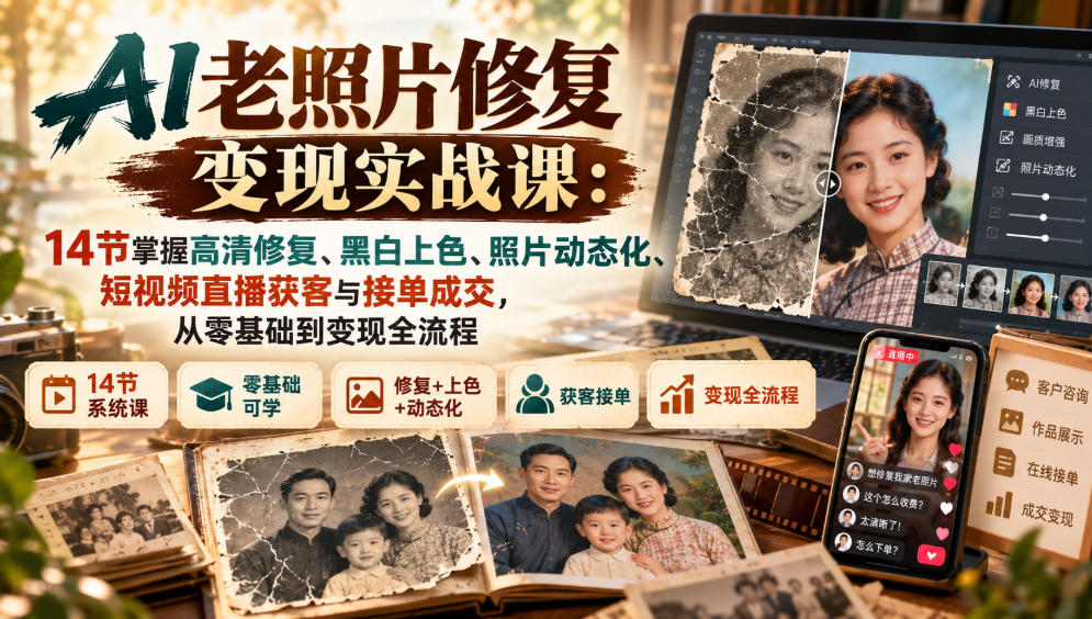 AI老照片修复变现实战课：14节掌握高清修复、黑白上色、照片动态化、短视频直播获客与接单成交，从零基础到变现全流程-超级会员网