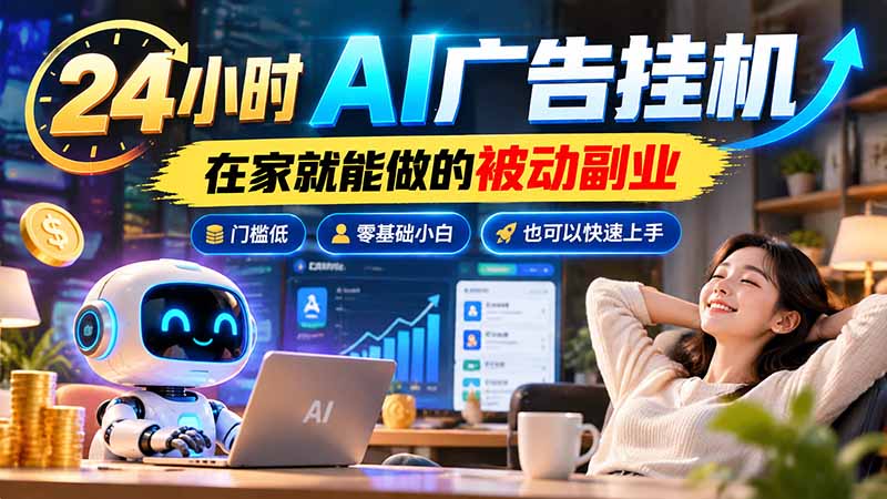24小时AI广告挂机｜在家就能做的被动副业，门槛低，零基础小白也可以快速上手-超级会员网