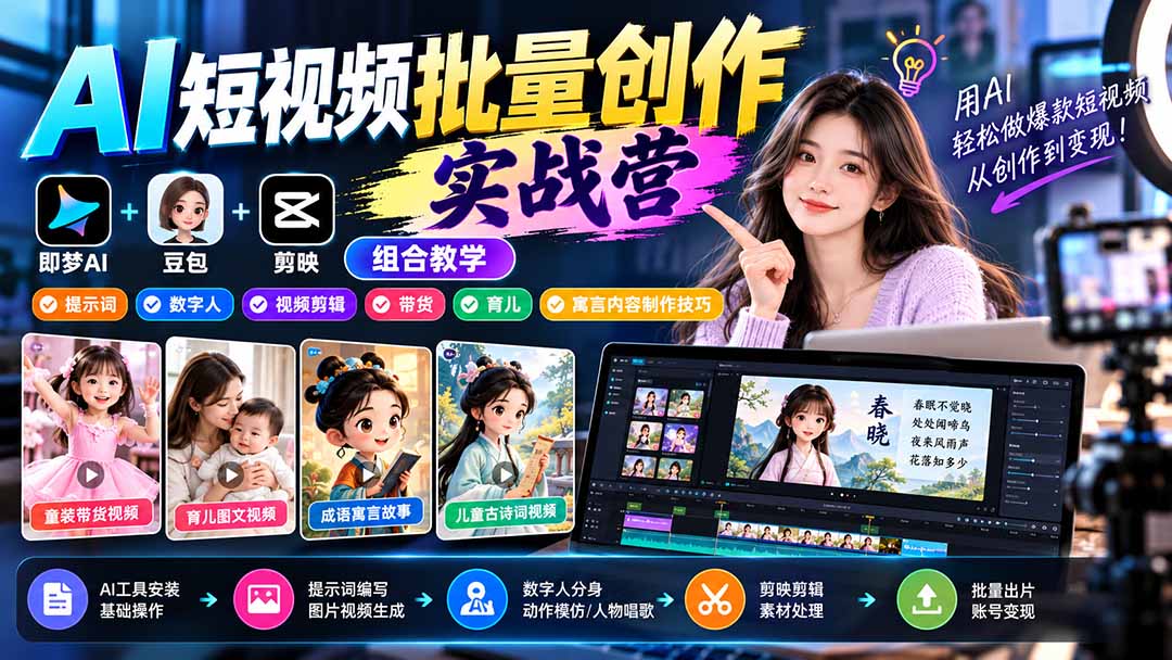 【无水印】AI短视频批量创作实战营：即梦+豆包+剪映组合教学，提示词/数字人/视频剪辑/带货/育儿/寓言内容制作技巧-超级会员网
