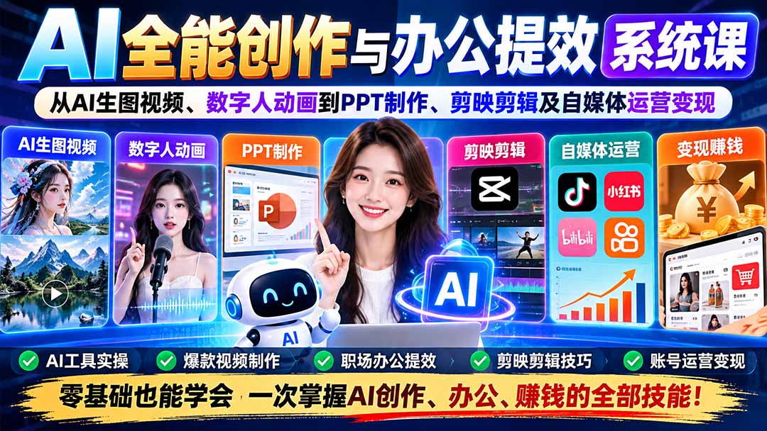 AI全能创作与办公提效系统课：从AI生图视频、数字人动画到PPT制作、剪映剪辑及自媒体运营变现-超级会员网