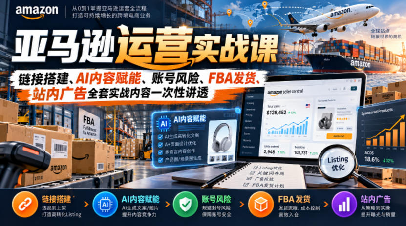 亚马逊运营实战课，链接搭建、AI内容赋能、账号风险、FBA发货、站内广告全套实战内容一次性讲透-超级会员网